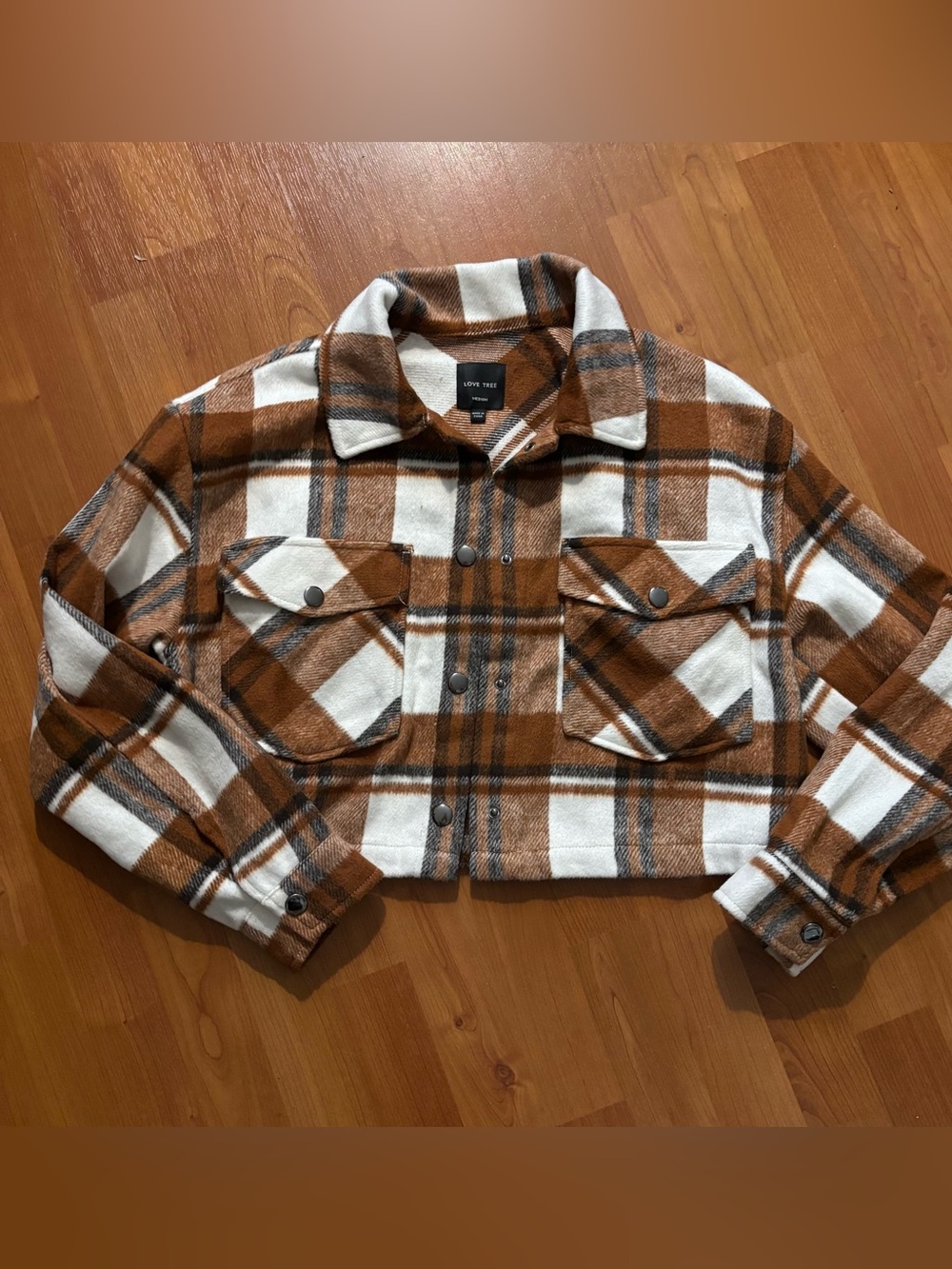 Women’s brown and white plaid cropped jacket size medium